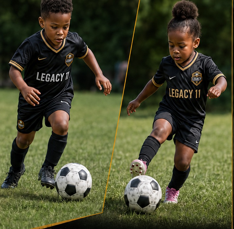 Two Legacy First Touch players dribbling soccer balls in black and gold Legacy kits